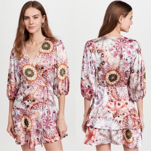 Alexis Lucine Mixed Print Wrap Mini Dress Size Medium Rose Tie Dye Multi - Picture 1 of 8